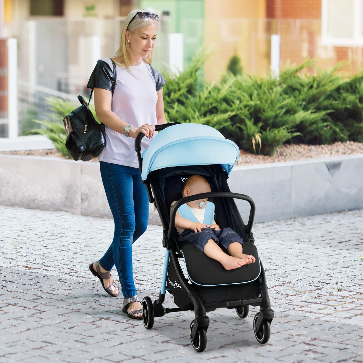 One-Hand Folding Portable Lightweight Baby Stroller with Aluminum Frame-Blue Kids Crystal