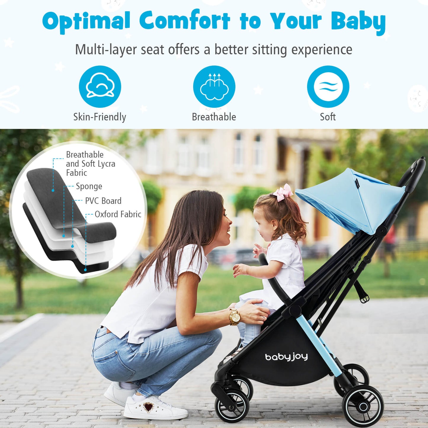 One-Hand Folding Portable Lightweight Baby Stroller with Aluminum Frame-Blue Kids Crystal