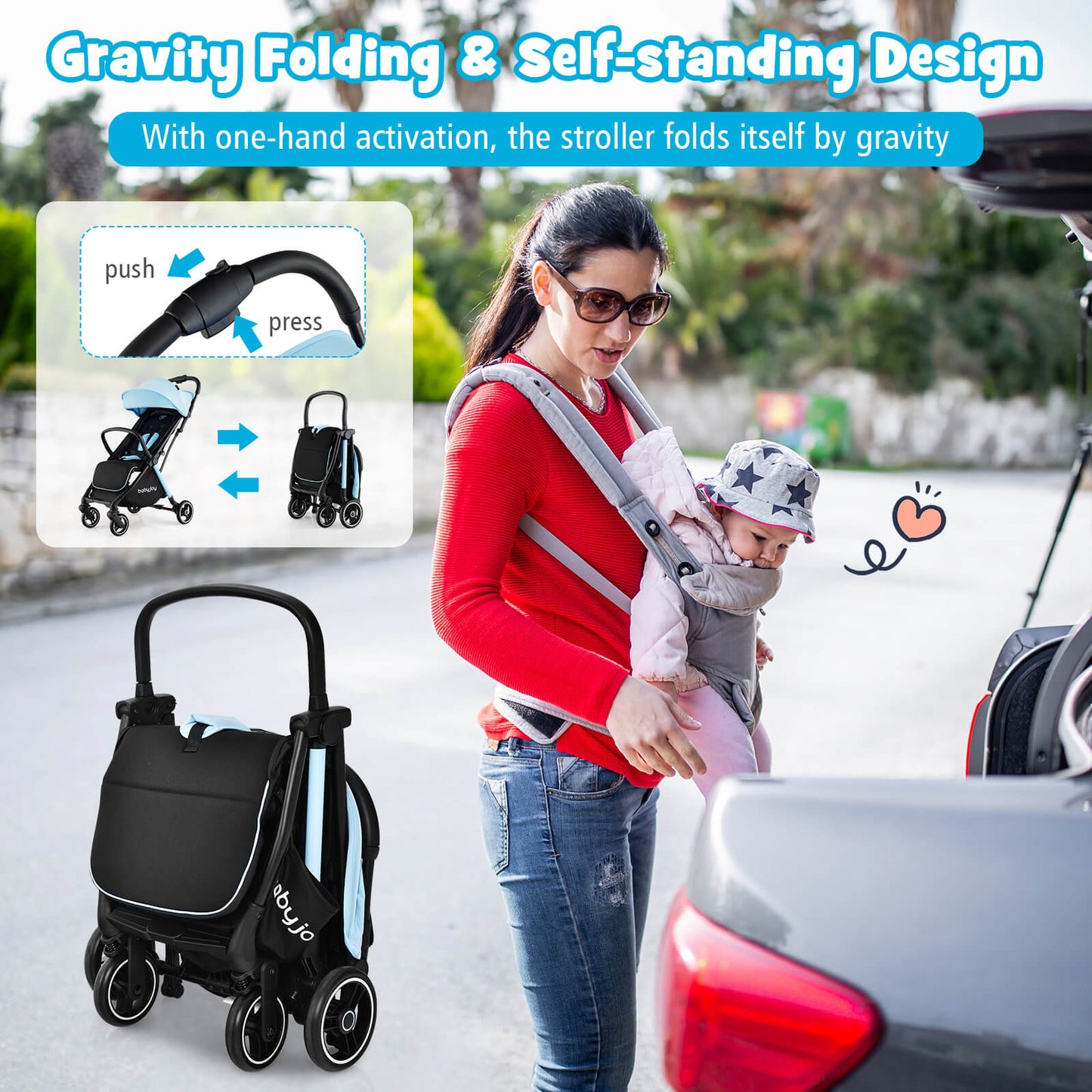 One-Hand Folding Portable Lightweight Baby Stroller with Aluminum Frame-Blue Kids Crystal