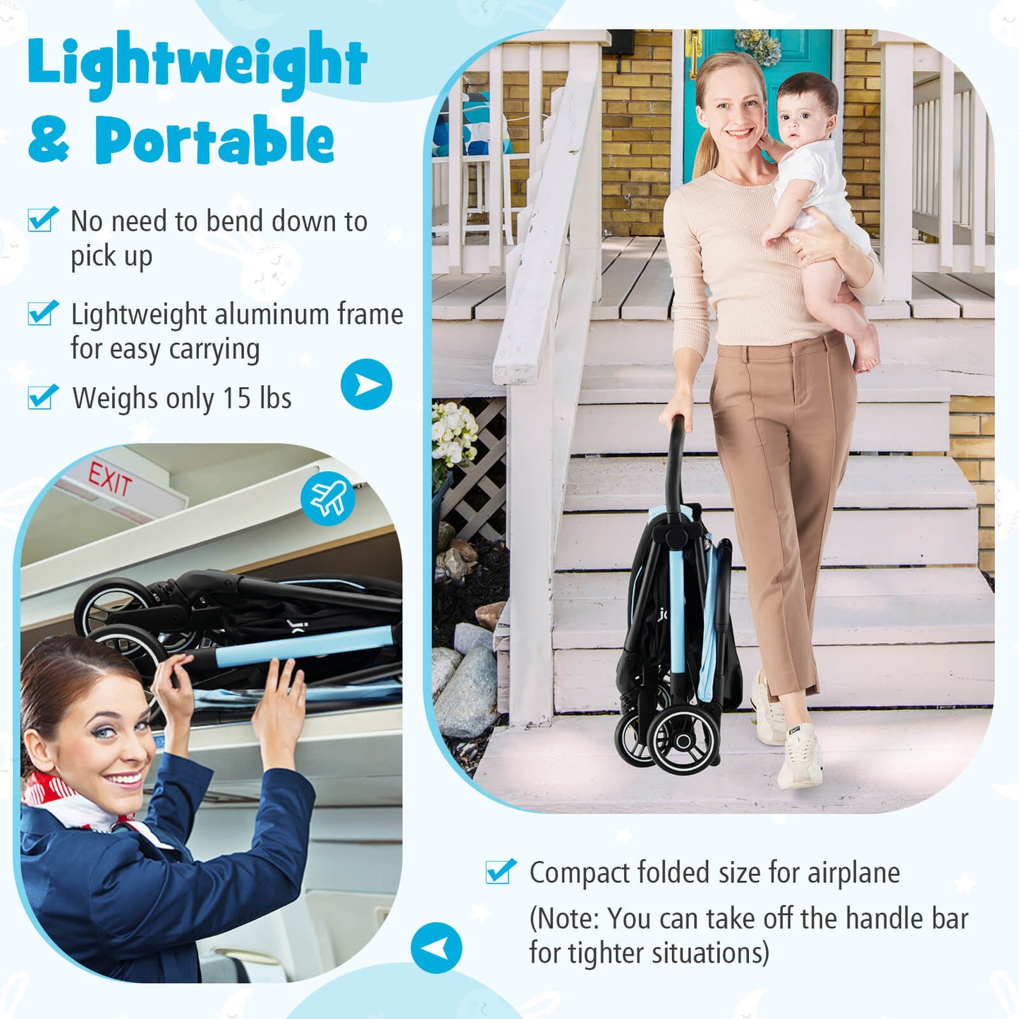 One-Hand Folding Portable Lightweight Baby Stroller with Aluminum Frame-Blue Kids Crystal