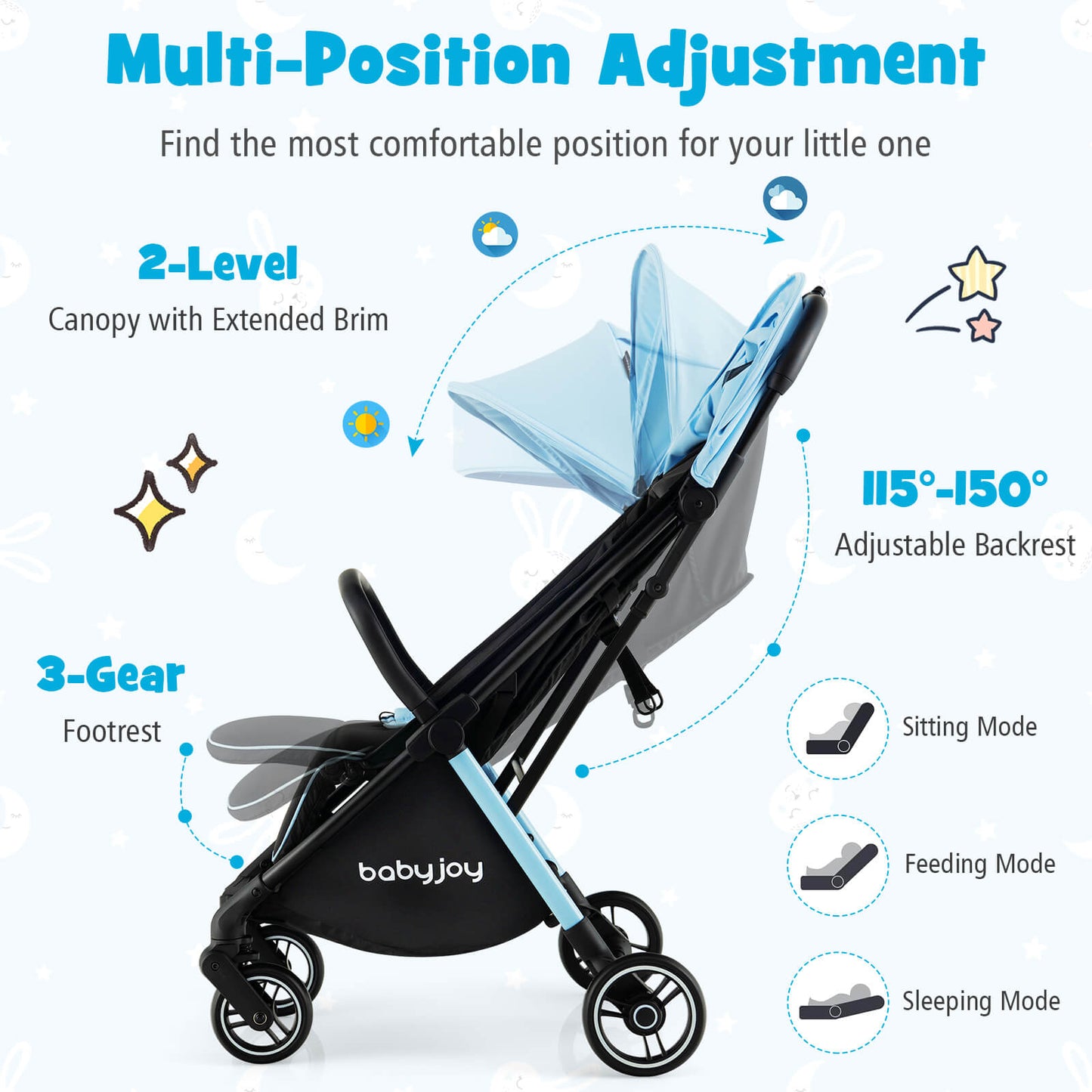 One-Hand Folding Portable Lightweight Baby Stroller with Aluminum Frame-Blue Kids Crystal