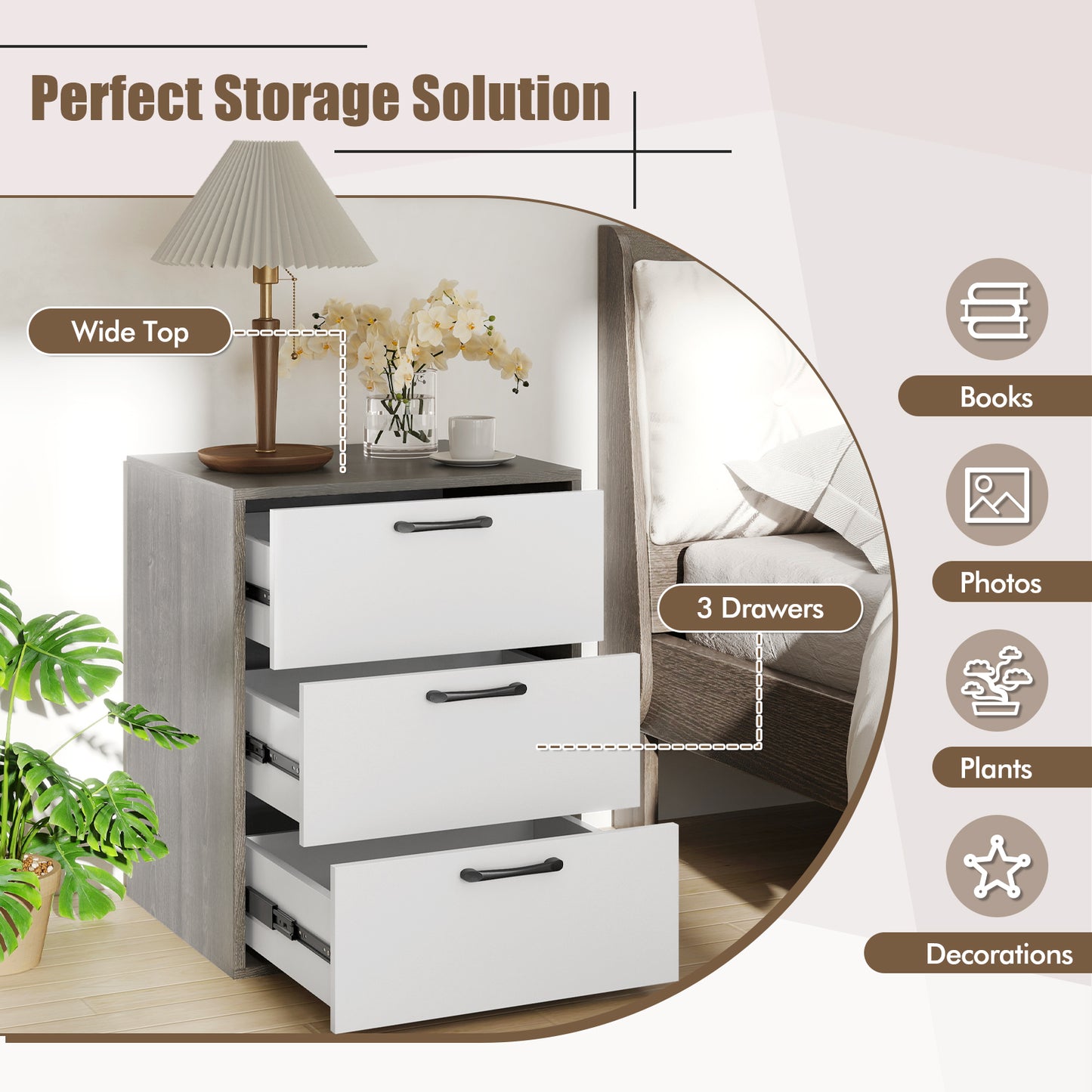 Modern Dresser Nightstand with 3 Slide-Out Drawers Kids Crystal