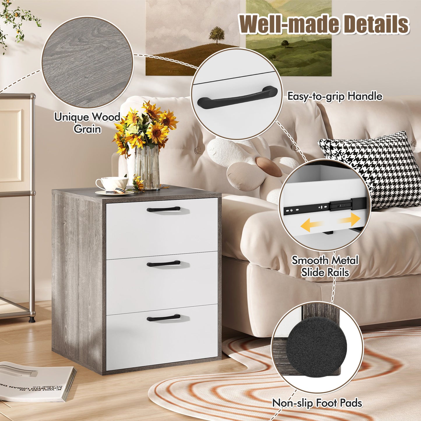 Modern Dresser Nightstand with 3 Slide-Out Drawers Kids Crystal