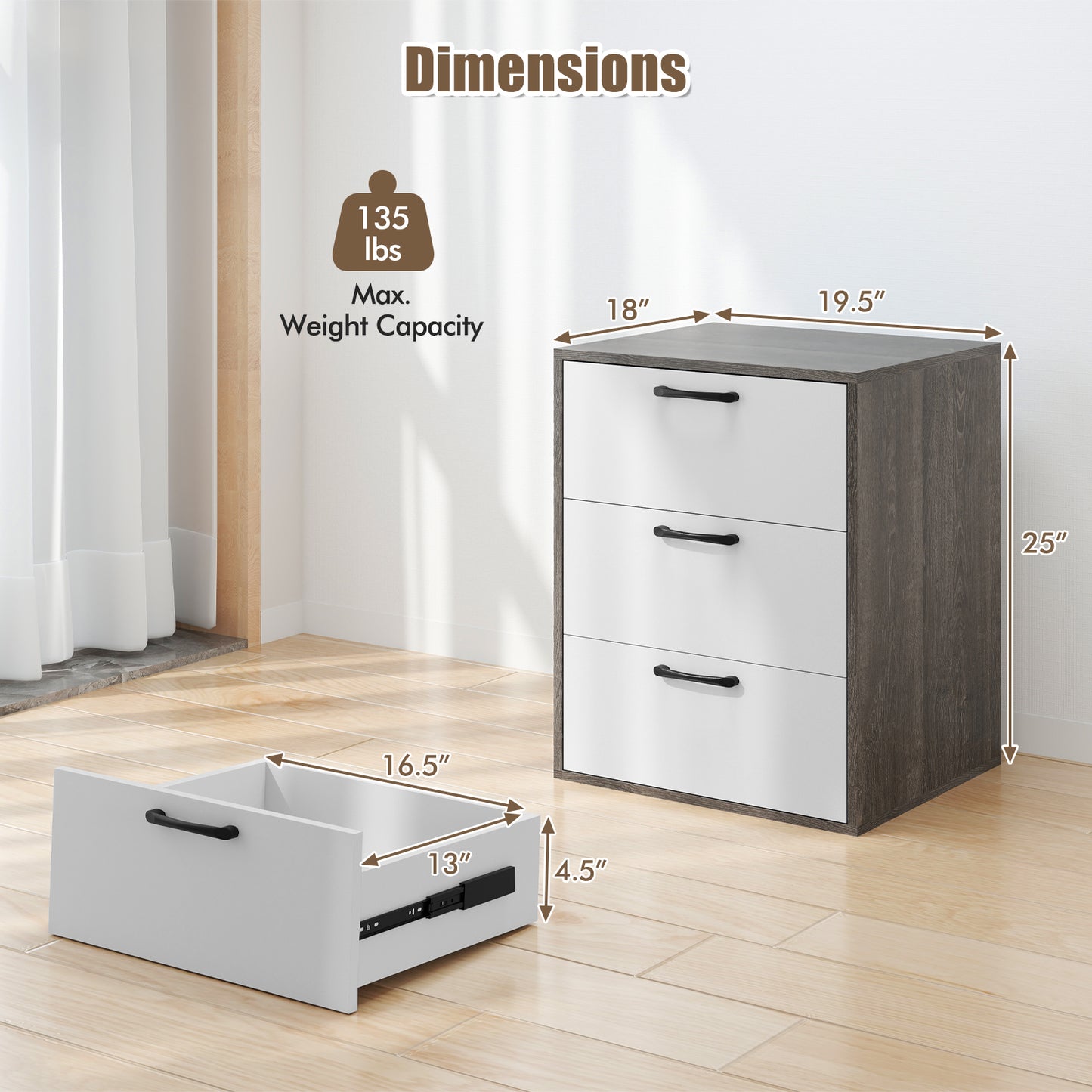 Modern Dresser Nightstand with 3 Slide-Out Drawers Kids Crystal
