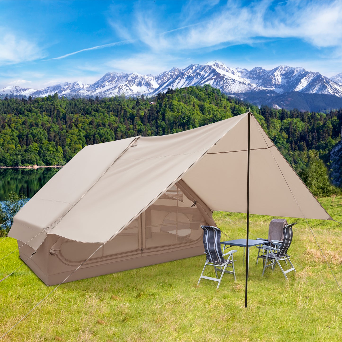 4-6 People Inflatable Camping Tent with Porch and Carrying Bag-Beige Kids Crystal