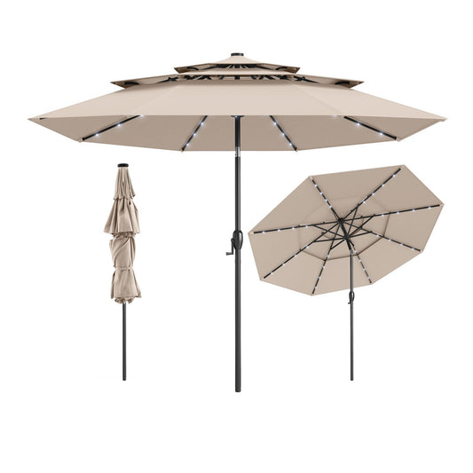 10 Feet Solar Patio Umbrella with 32 LED Lights 3-Tier Vented Top-Beige Kids Crystal