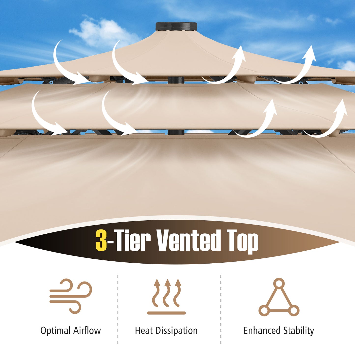 10 Feet Solar Patio Umbrella with 32 LED Lights 3-Tier Vented Top-Beige Kids Crystal