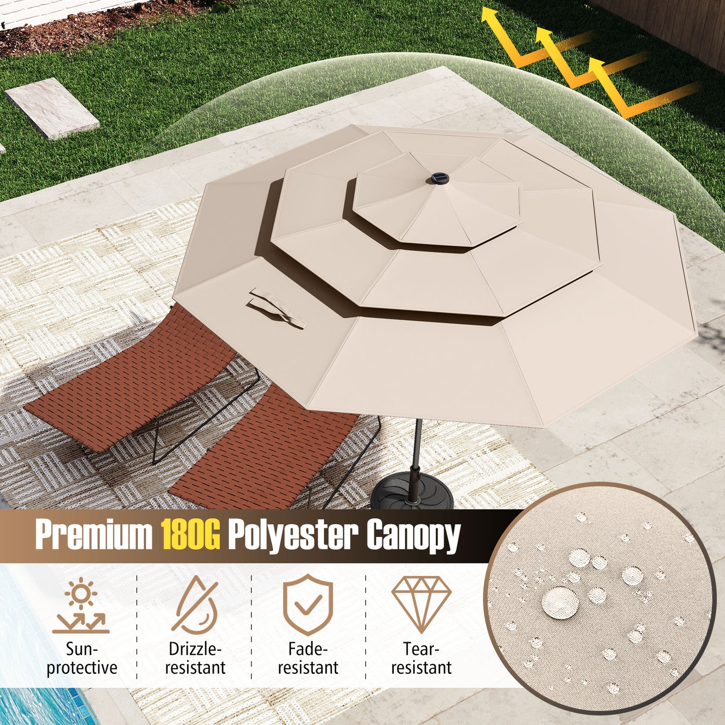 10 Feet Solar Patio Umbrella with 32 LED Lights 3-Tier Vented Top-Beige Kids Crystal