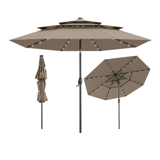 10 Feet Solar Patio Umbrella with 32 LED Lights 3-Tier Vented Top-Taupe Kids Crystal
