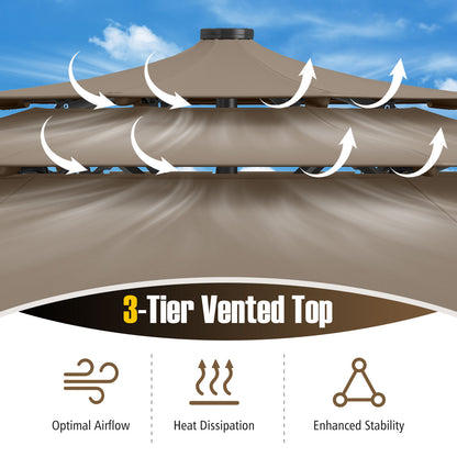 10 Feet Solar Patio Umbrella with 32 LED Lights 3-Tier Vented Top-Taupe