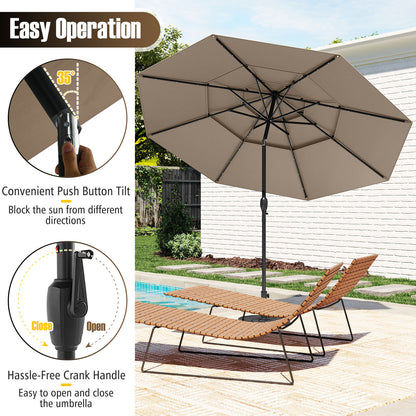 10 Feet Solar Patio Umbrella with 32 LED Lights 3-Tier Vented Top-Taupe