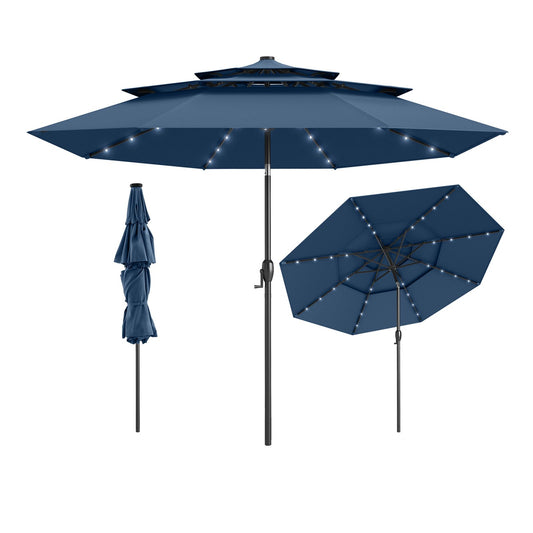 10 Feet Solar Patio Umbrella with 32 LED Lights 3-Tier Vented Top-Navy Kids Crystal