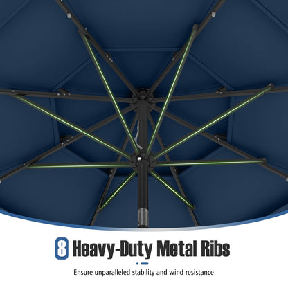 10 Feet Solar Patio Umbrella with 32 LED Lights 3-Tier Vented Top-Navy