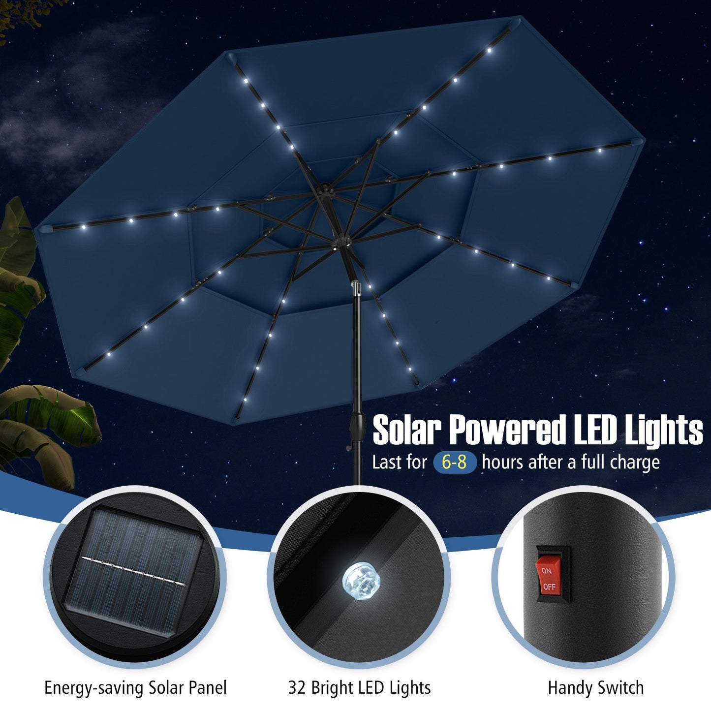 10 Feet Solar Patio Umbrella with 32 LED Lights 3-Tier Vented Top-Navy Kids Crystal