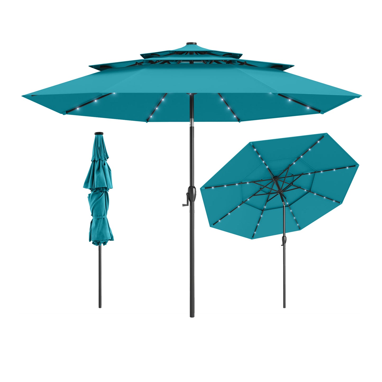 10 Feet Solar Patio Umbrella with 32 LED Lights 3-Tier Vented Top-Turquoise Kids Crystal