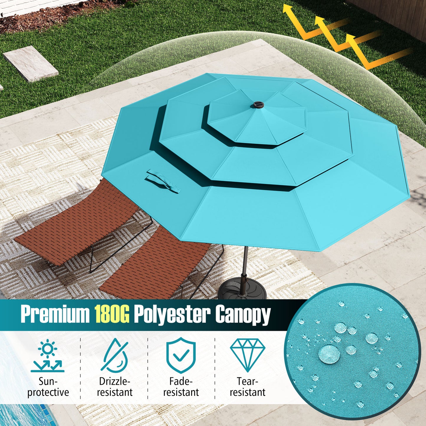 10 Feet Solar Patio Umbrella with 32 LED Lights 3-Tier Vented Top-Turquoise Kids Crystal