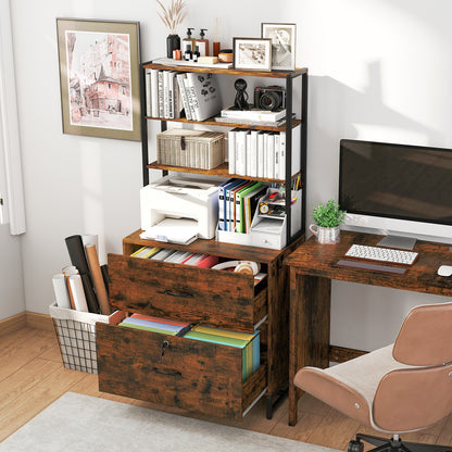 Letter Size Lateral File Cabinet with Lock and Bookshelf-Rustic Brown