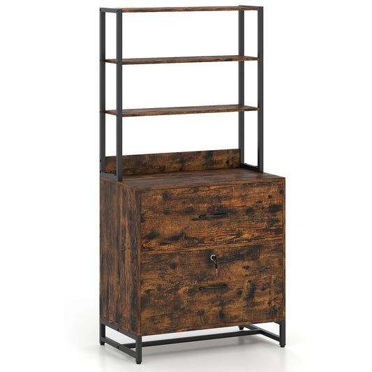 Letter Size Lateral File Cabinet with Lock and Bookshelf-Rustic Brown Kids Crystal