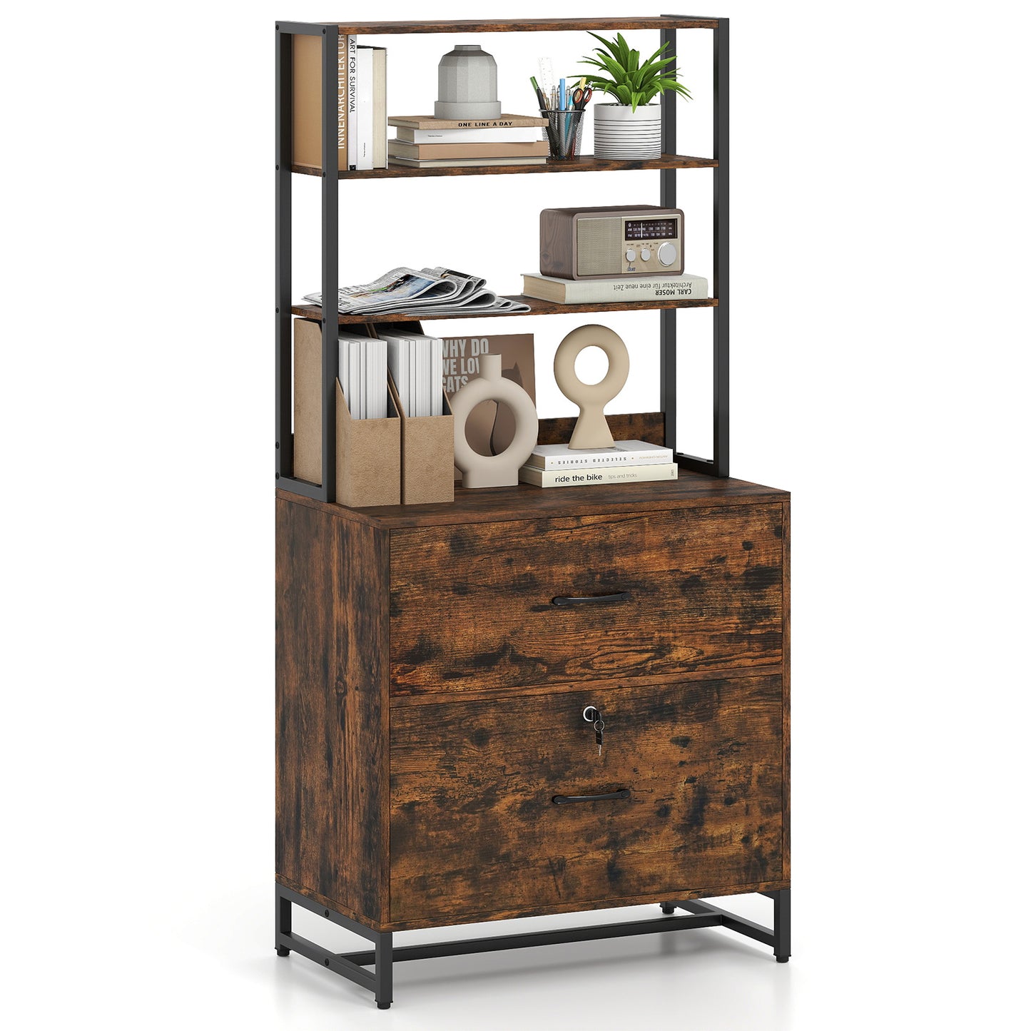 Letter Size Lateral File Cabinet with Lock and Bookshelf-Rustic Brown Kids Crystal