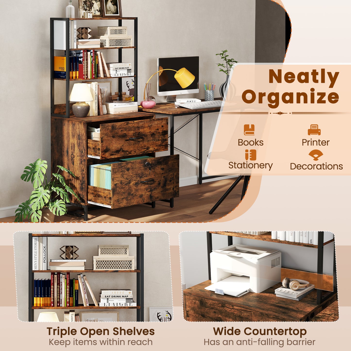 Letter Size Lateral File Cabinet with Lock and Bookshelf-Rustic Brown Kids Crystal