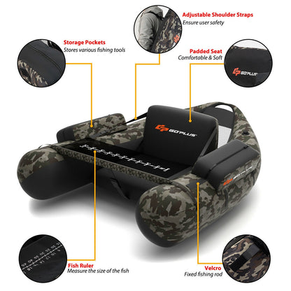 Inflatable Fishing Float Tube with Pump Storage Pockets and Fish Ruler-Camouflage