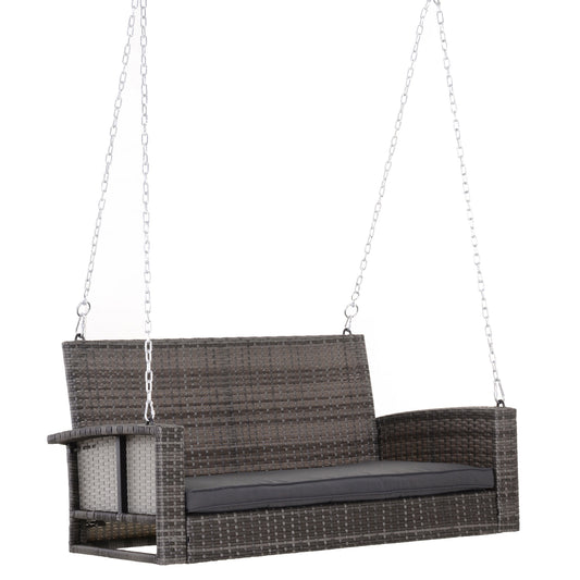 2-person Outdoor Wicker Porch Swing Chair Garden Rattan Hanging Bench with Cushion Yard Double Hammock Sun Lounge Seat, Grey Kids Crystal