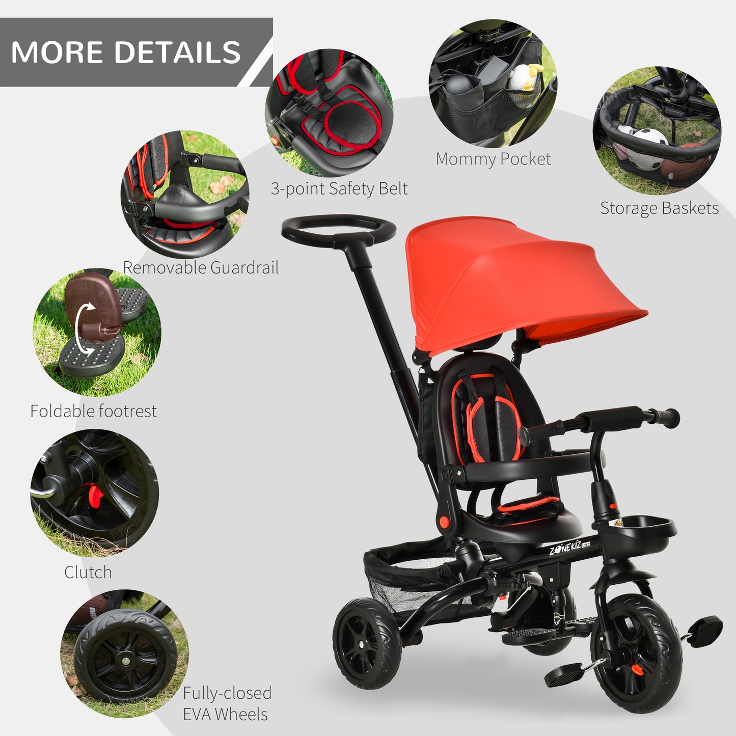 4-in-1 Baby Tricycle Stroller, Reversible Seat, Adjustable, Canopy, Safety Belt, Red - Versatile Outdoor Ride Kids Crystal
