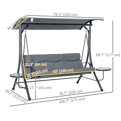 3 Seat Outdoor Swing Chair Steel Swing Bench Porch Swing With Adjustable Canopy & Coffee Tables &amp;amp; Cushion for Patio Garden