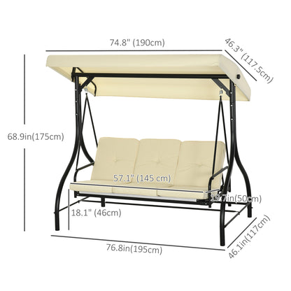 Convertible Patio Swing Bed with Canopy and Cushions, 3 Seater Porch Swing for Outdoor, Backyard, Garden, Beige