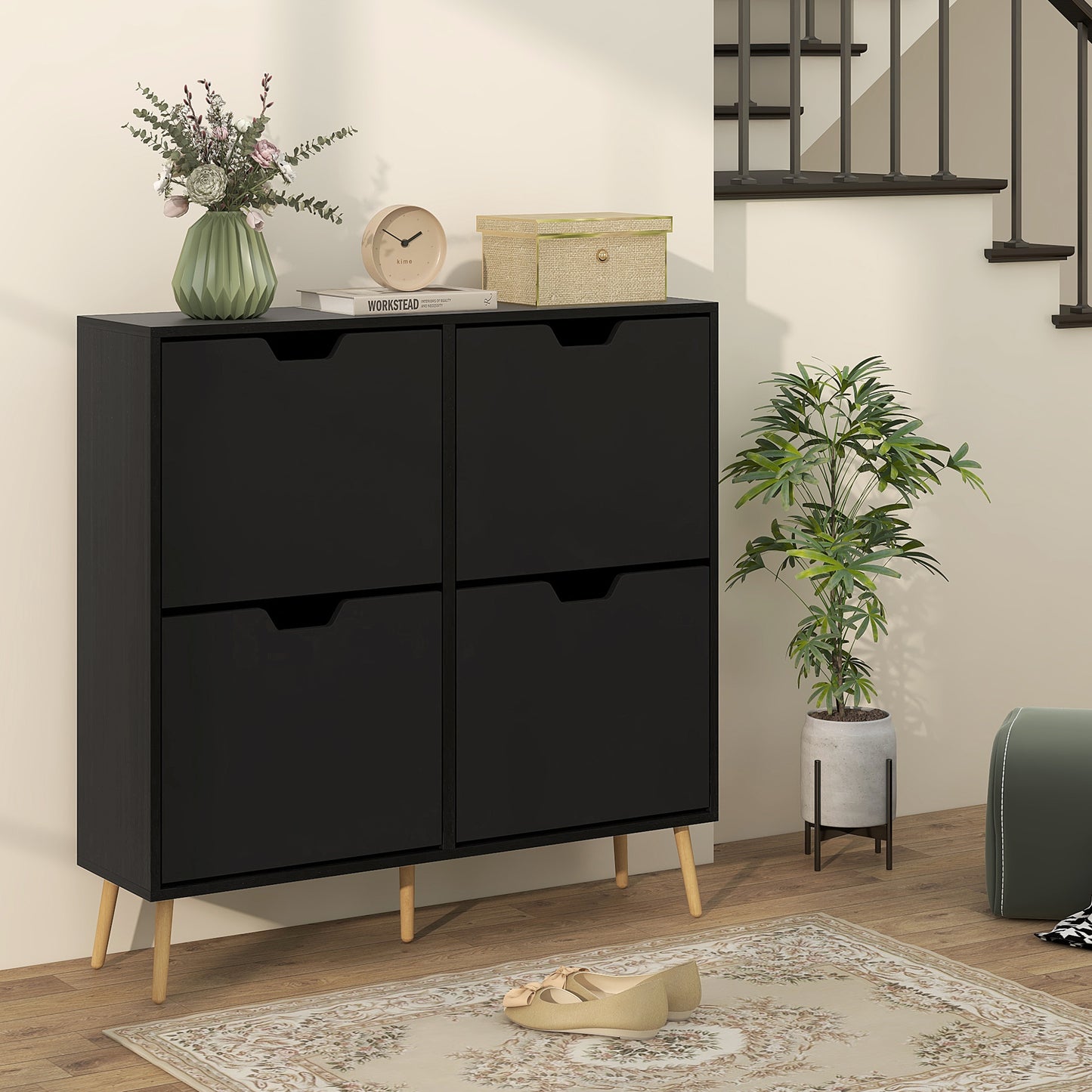 Shoe Storage Cabinet with 4 Flip Drawers and Adjustable Shelf, Shoe Cabinet for 16 Pairs of Shoes, Black Kids Crystal
