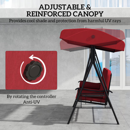 Outdoor Patio 3-Person Steel Canopy Cushioned Seat Bench Swing with Included Side Trays & Padded Comfort, Wine Red