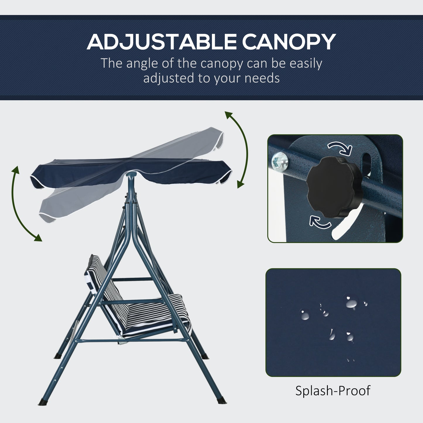 3-Seater Outdoor Porch Swing with Adjustable Canopy, Patio Swing Chair for Garden, Poolside, Backyard, Blue and White Kids Crystal