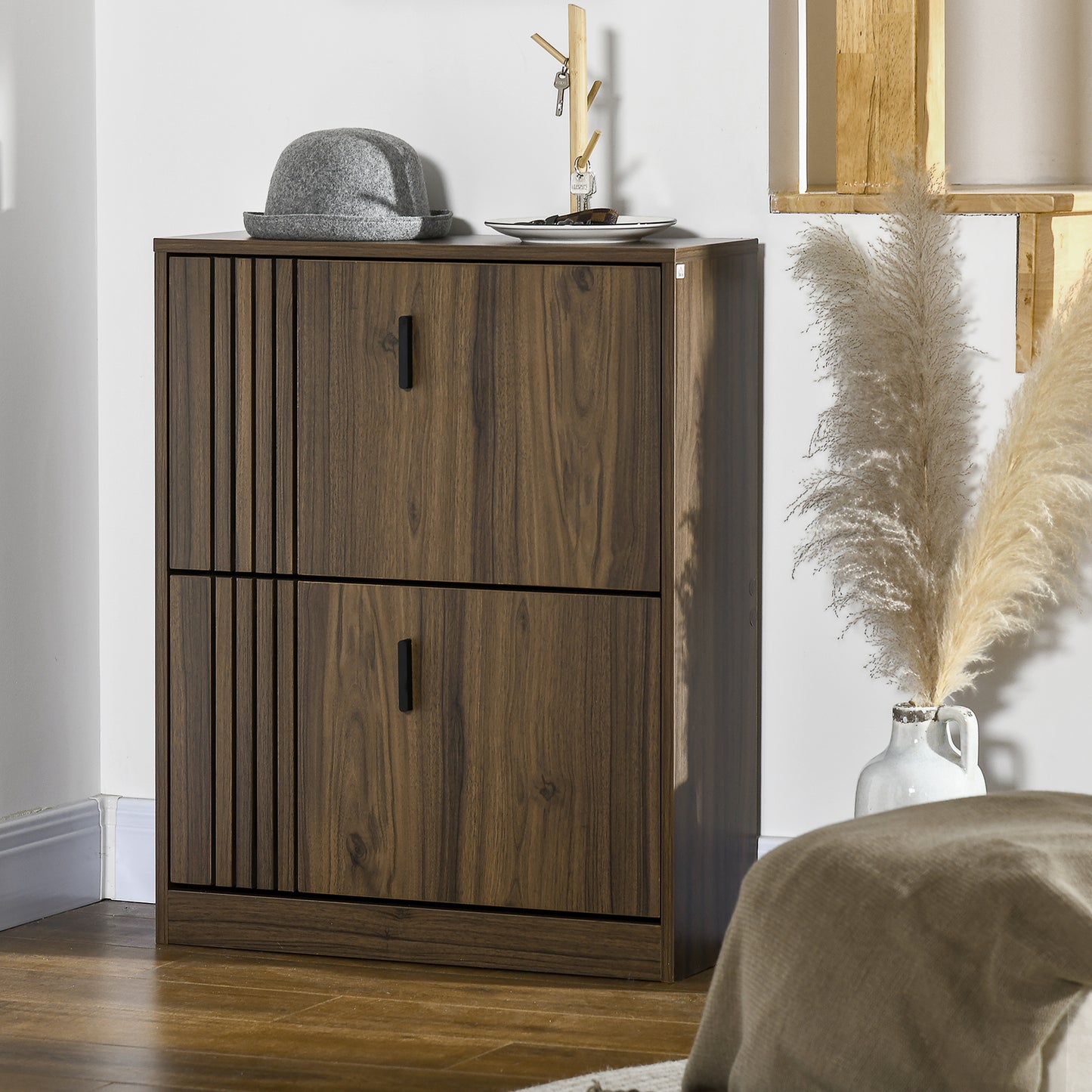 Shoe Organizer Cabinet for 12 Pairs with 2 Flip Drawers Adjustable Shelves Walnut Kids Crystal