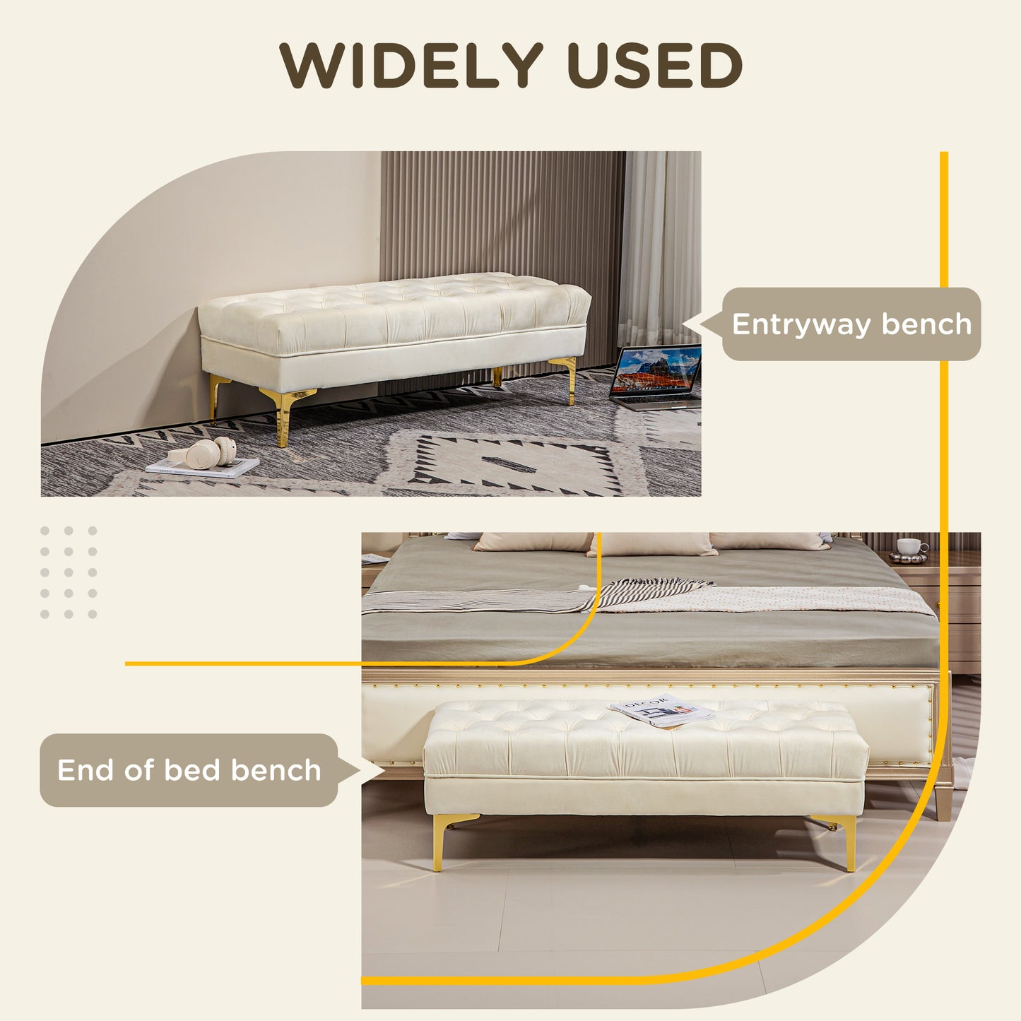 End of Bed Bench, Upholstered Bench, Entryway Shoe Bench with Button Tufted for Living Room, Bedroom, Cream White Kids Crystal