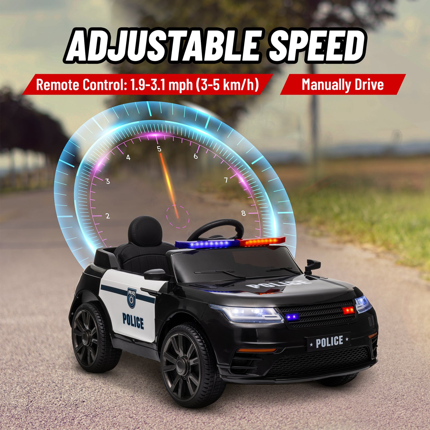 12V Kids Electric Police Car w/ Remote Control, Spring Suspension, Training Wheel, Siren, Music, Light, Horn, Black Kids Crystal