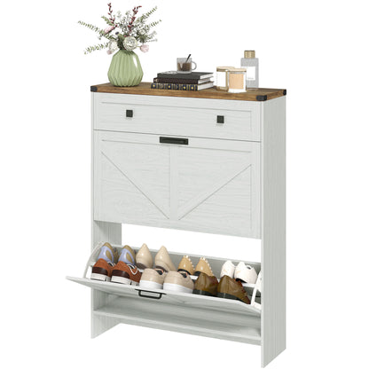 Narrow Shoe Storage Cabinet, Farmhouse Shoe Cabinet with 2 Flip Drawers, 1 Drawer, 12 Pairs for Entryway, White