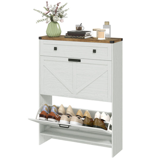 Narrow Shoe Storage Cabinet, Farmhouse Shoe Cabinet with 2 Flip Drawers, 1 Drawer, 12 Pairs for Entryway, White Kids Crystal