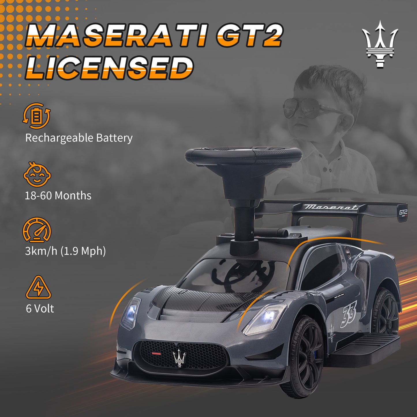 6V Maserati GT2 Licensed Electric Car for Kids, Ride on Car with Under Seat Storage, LED Headlights Music, Grey Kids Crystal