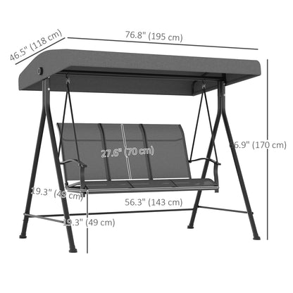 3 Seater Outdoor Swing Chair with Canopy, Metal Porch Swing Bench for Patio, Garden, Backyard, Lawn, Dark Grey