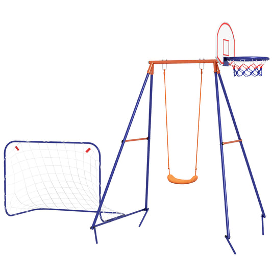 Outdoor Kids Swing Set with Seat, Basketball Hoop, Football Goal, Secure Ground Stakes for Ages 3-8 Kids Crystal