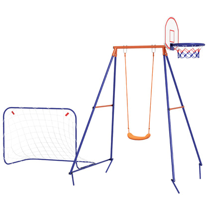 Outdoor Kids Swing Set with Seat, Basketball Hoop, Football Goal, Secure Ground Stakes for Ages 3-8