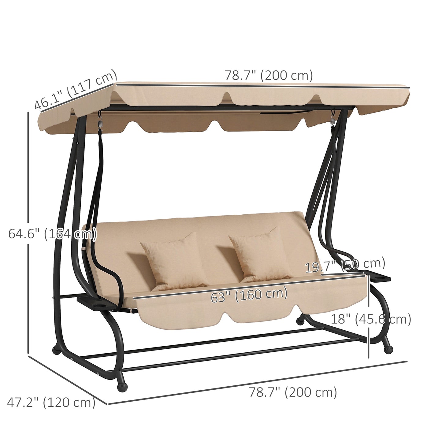 3-Seat Outdoor Patio Swing Chair, Converting Flat Bed, Canopy Swing with Adjustable Shade, Cup Holder, Light Brown Kids Crystal