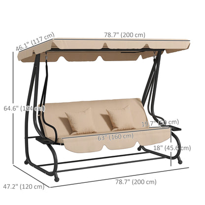 3-Seat Outdoor Patio Swing Chair, Converting Flat Bed, Canopy Swing with Adjustable Shade, Cup Holder, Light Brown