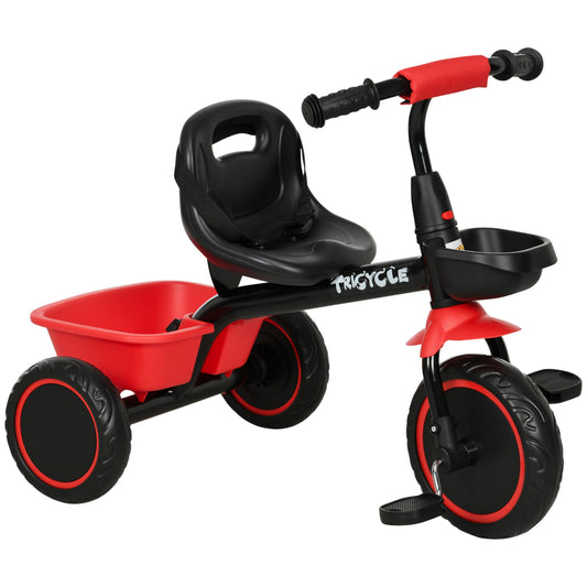 Kids Tricycle: Adjustable Seat 2-5 Years, Storage Baskets, for Girls/Boys in Red