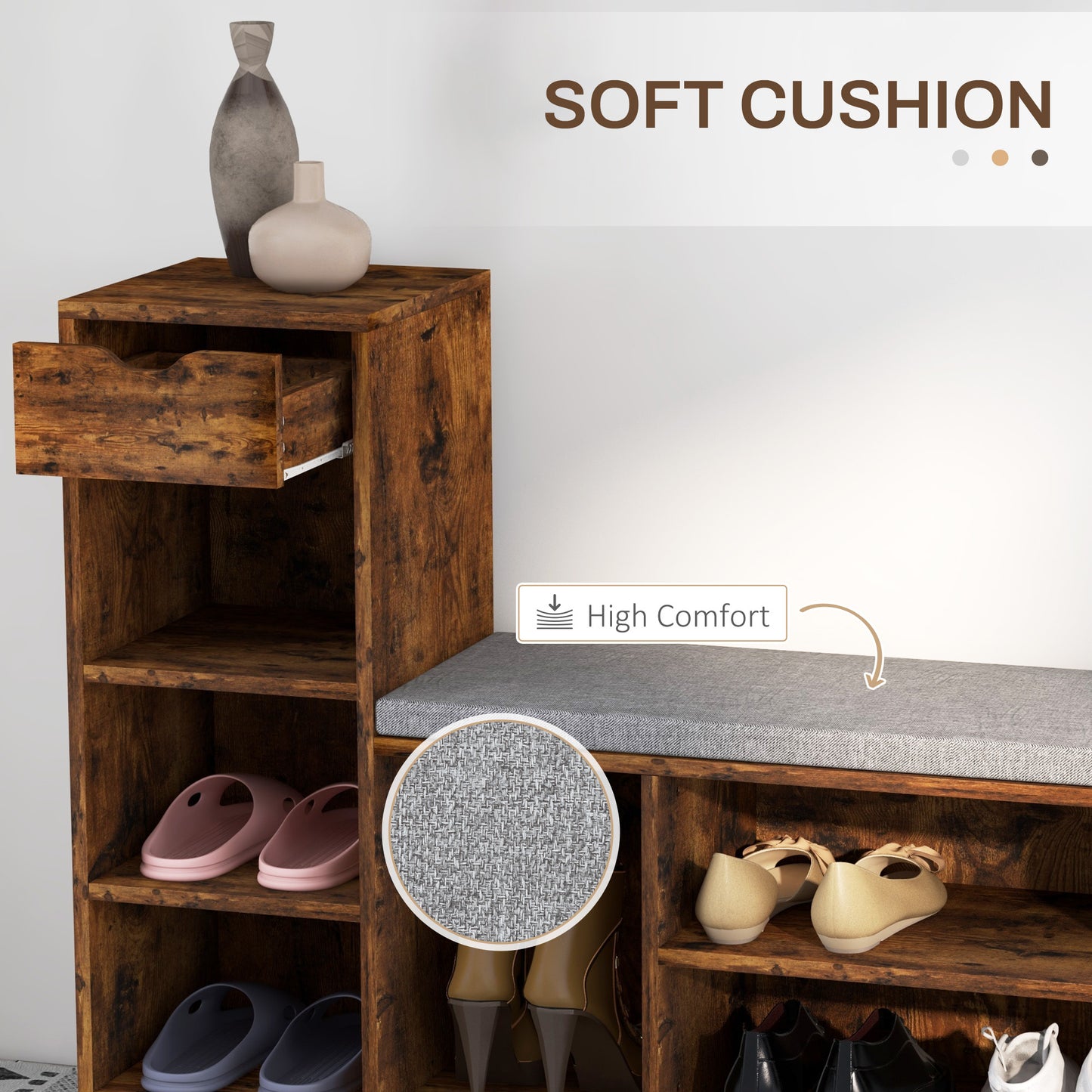 Upholstered Shoe Storage Bench w/ Seat, Entrance Bench w/ Drawer and 6 Open Shelves for Hallway, Rustic Brown Kids Crystal