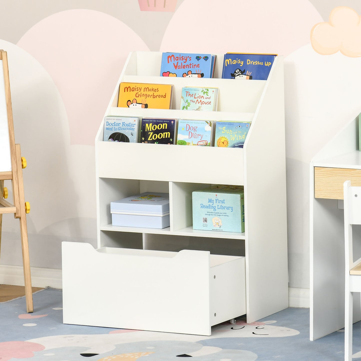 Kids Bookcase Multi Shelf Rack Organizer Storage Drawer Reading Nook Classroom Bedroom Playroom White Kids Crystal