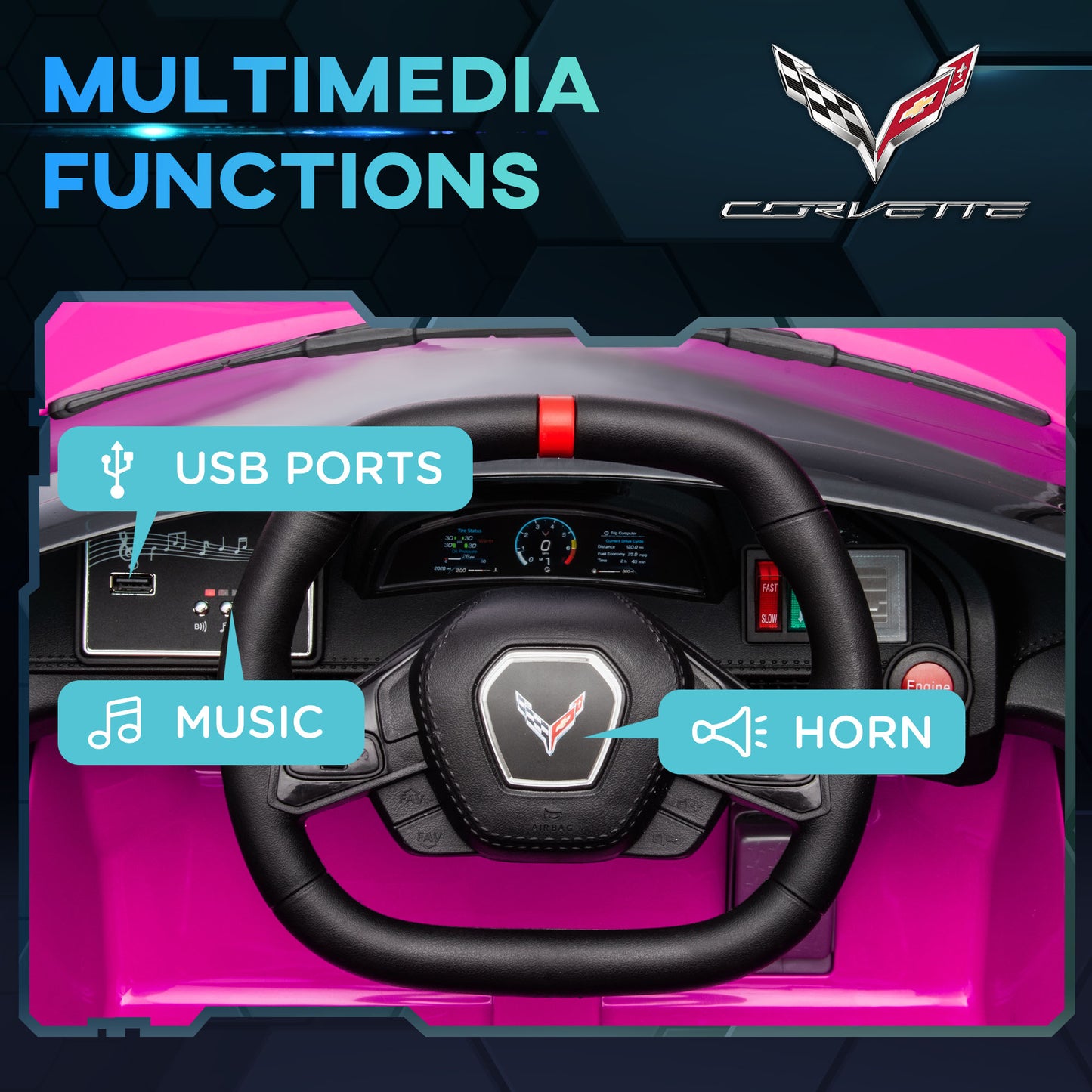 12V Kids Electric Car Corvette Licensed Remote Control Suspension System Music Headlight Slow Start Pink Ride On Kids Crystal