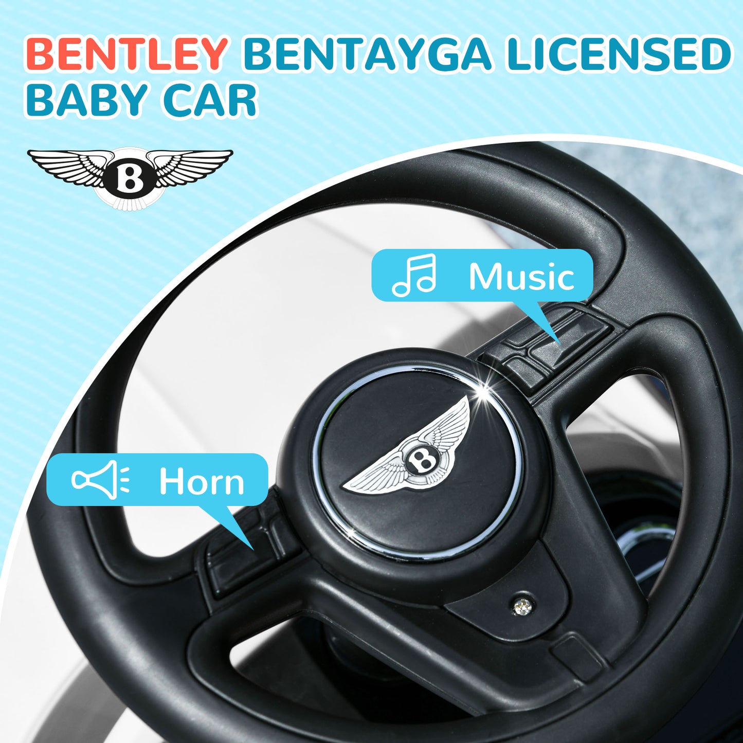 Bentley Bentayga Licensed Push Car, 3 in 1 Kids Ride on Car Foot to Floor w/ Music Horn, White Kids Crystal