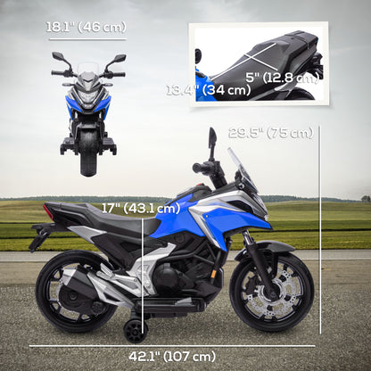 Honda Licensed 12V Ride on Motorbike for Kids with Headlights Music Training Wheels, for 3-6 Years, Blue