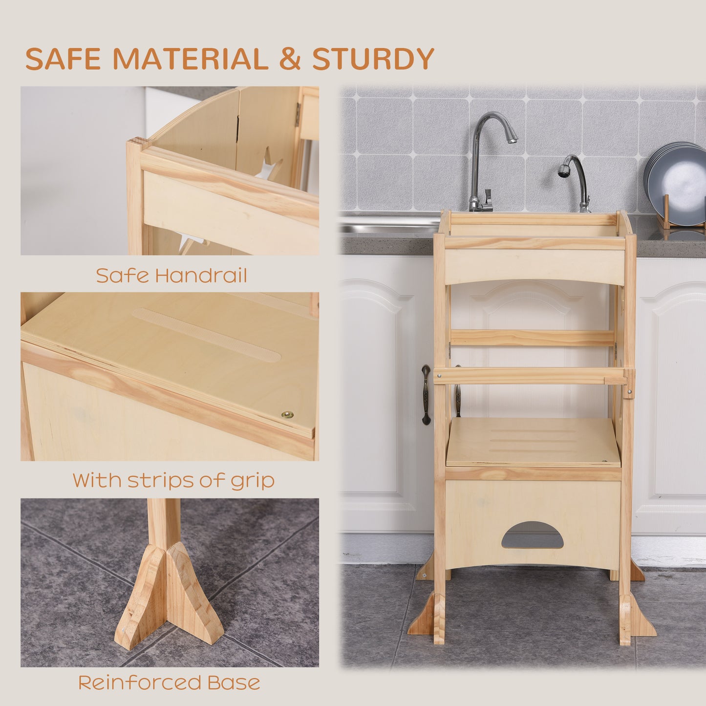Step Stool with Support Handles Safety Rail Non-Slip Hardwood Stepping Stool for Kids Toddlers Counter Step Natural Kids Crystal